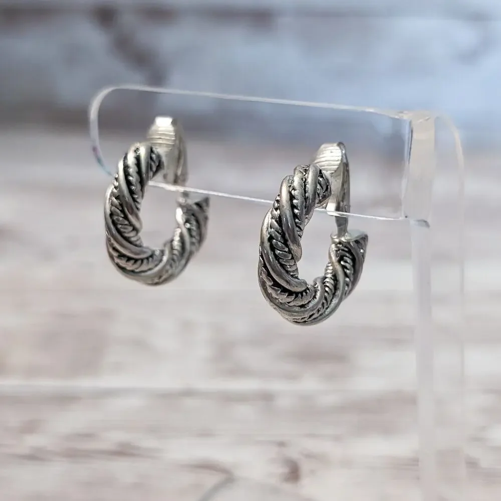 Vintage Clip On Earrings Silver Tone Twisted Rope Style Hoops - Some Tarnish